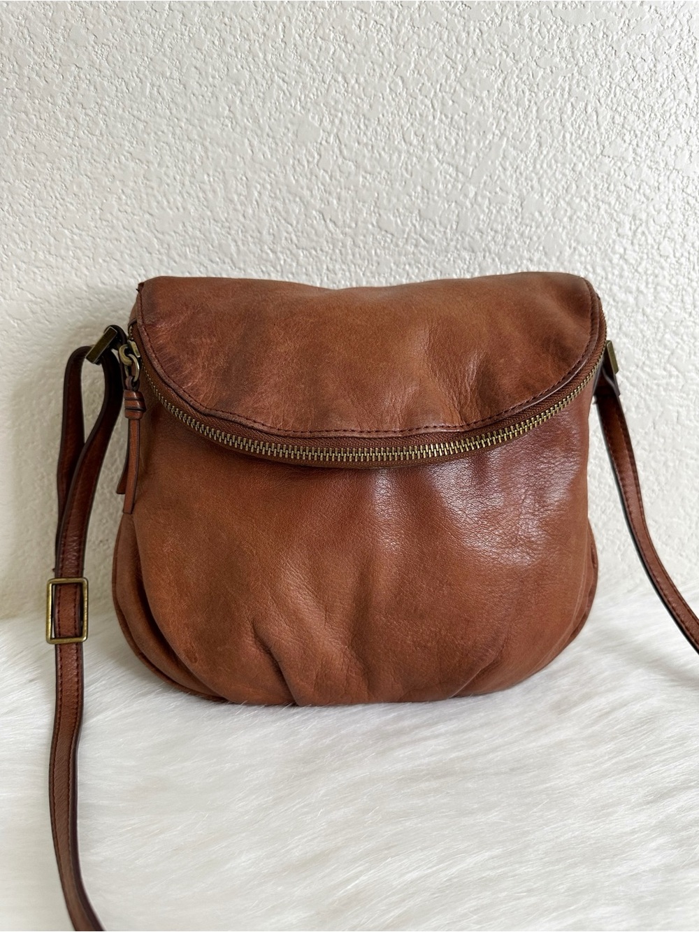 Margot Brown Genuine Leather Folded Zip Top Hobo Crossbody Bag
